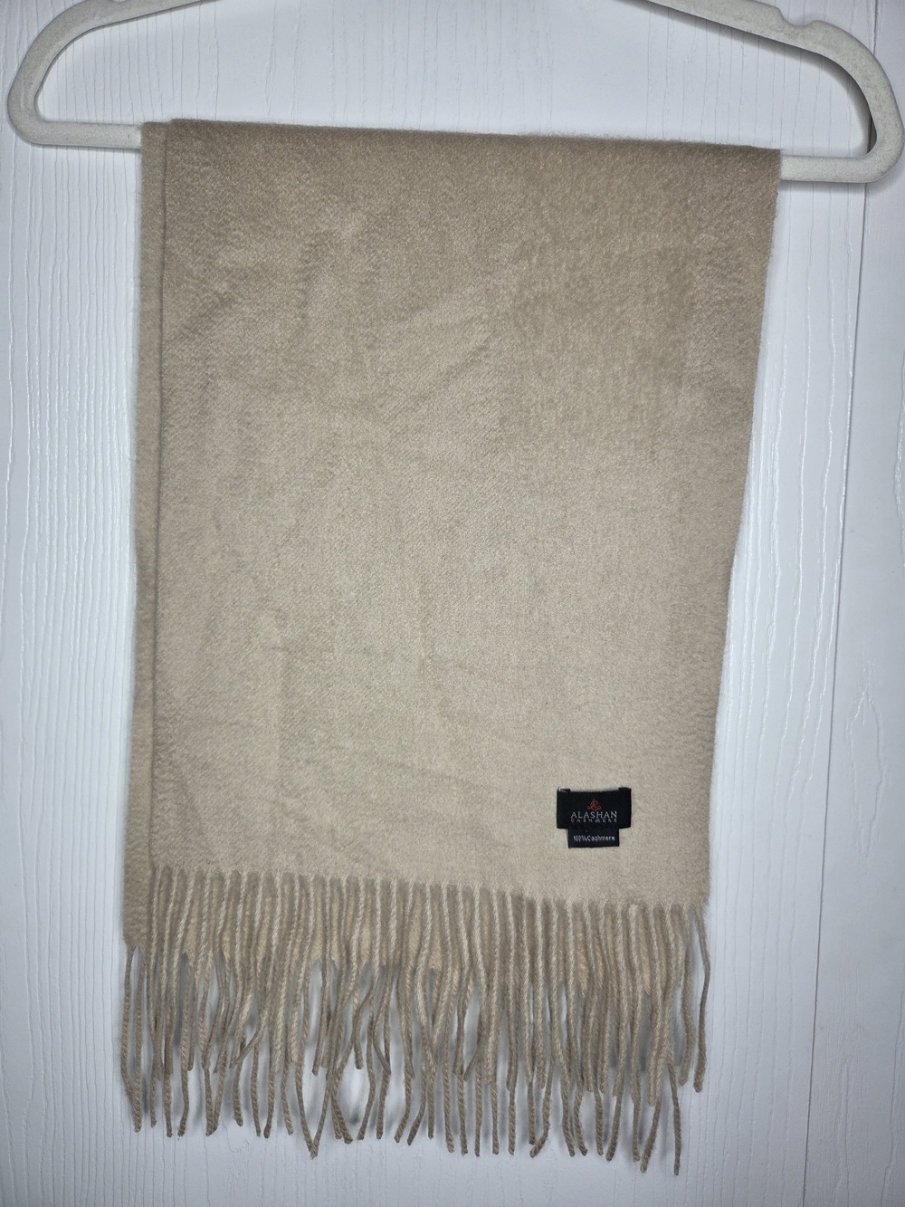 Alashan 100% Cashmere Blend Scarf Beige Tan Fringe Unisex Knit Winter Wrap